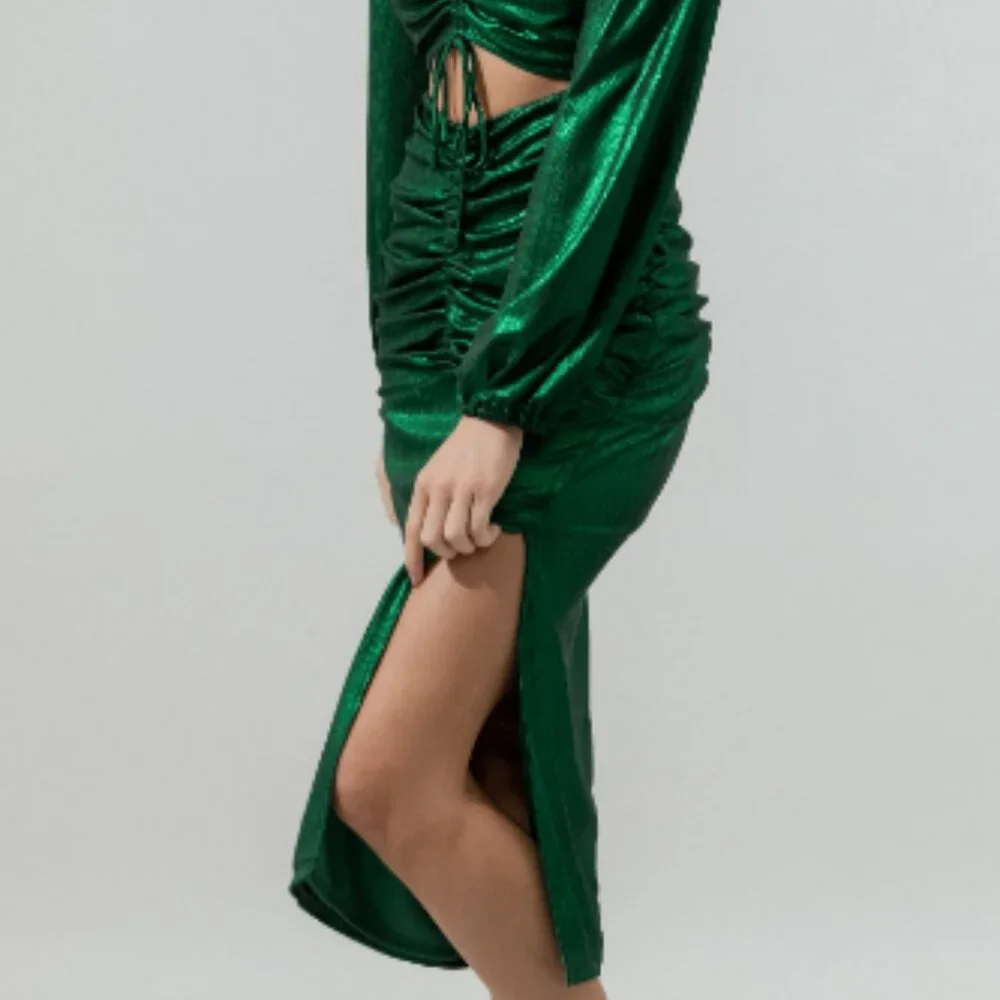 Sugarlips Cannes Liquid Satin Ruched Cut Out Green Midi Dress | Large